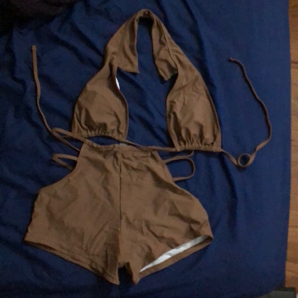 PLAIN CUT-OUT HALTER BIKINI SWIMSUIT
